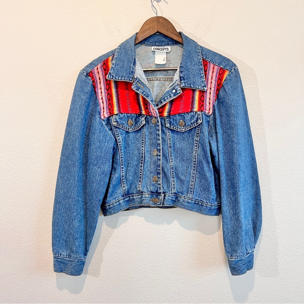 CONCEPTS Women's Vintage Blue Denim Jean Jacket with Red Tribal Yoke
